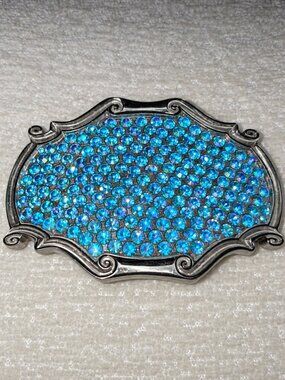 Blue Aurora Borealis Rhinestone Belt Buckle Silver Tone Western Rodeo Cowgirl